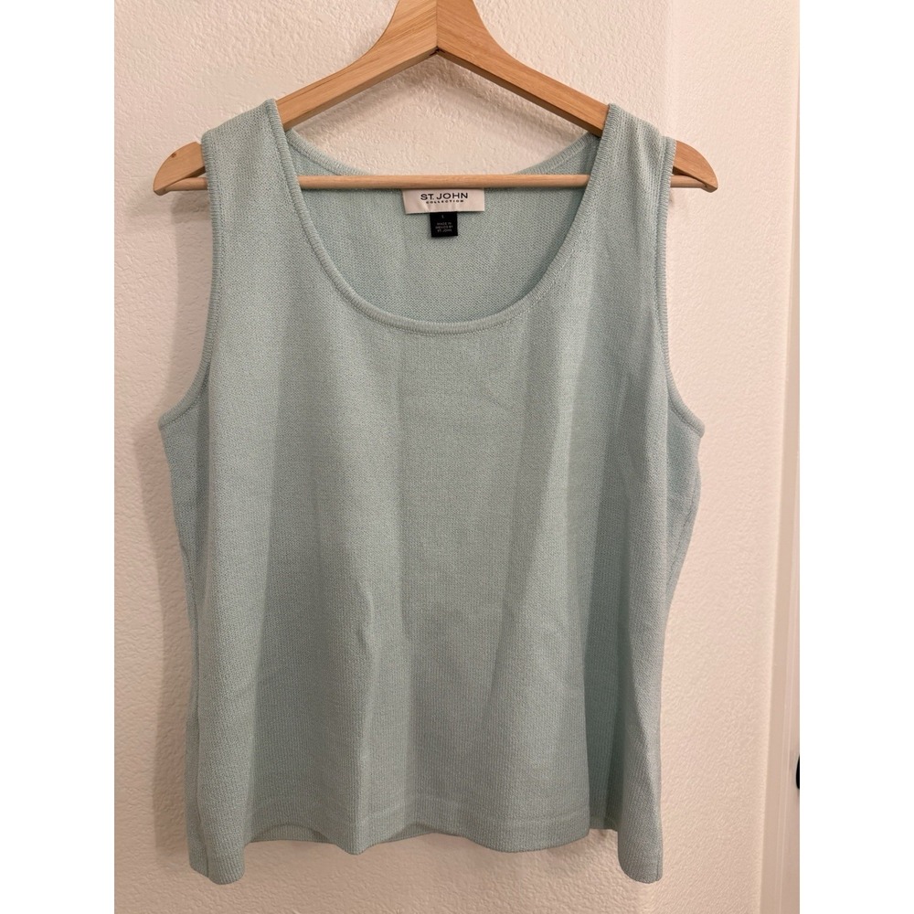 ST. John Knitted Womens Tank Top L Wool Blend Stretch Light Blue Scoop Neck USA
